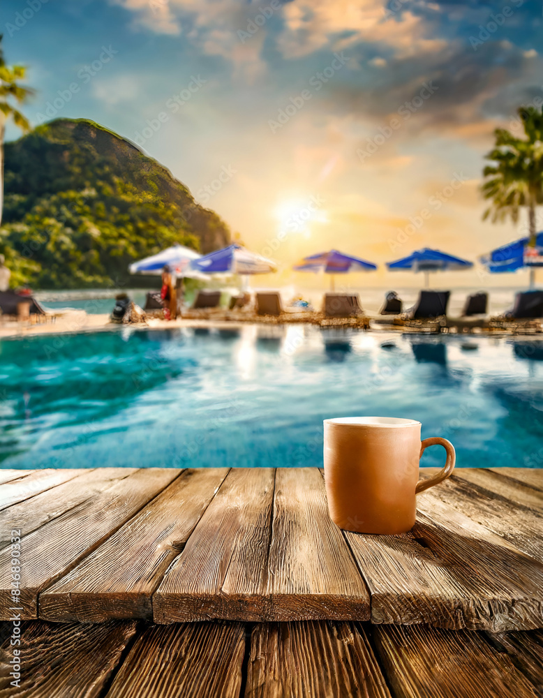 Desk of free space and summer time on beach beach resort with a wooden table in the foreground, blurred background of people relaxing by the pool with the ocean view.beach Desk of free space and summer time on beach beach resort with a wooden table in the foreground, blurred background of people relaxing by the pool with the ocean view.beach