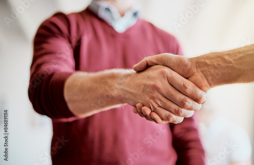 Shaking hands, agreement and deal in meeting or casual, negotiation for business contract or onboarding. Greeting, palms and together for hiring or welcome, collaboration or teamwork with thank you