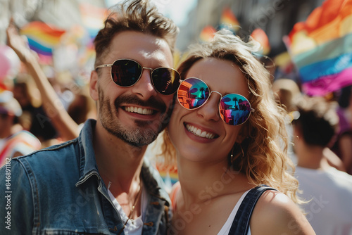 Bisexual couple in the pride parade, gay pride with rainbow flags and two people smiling in love