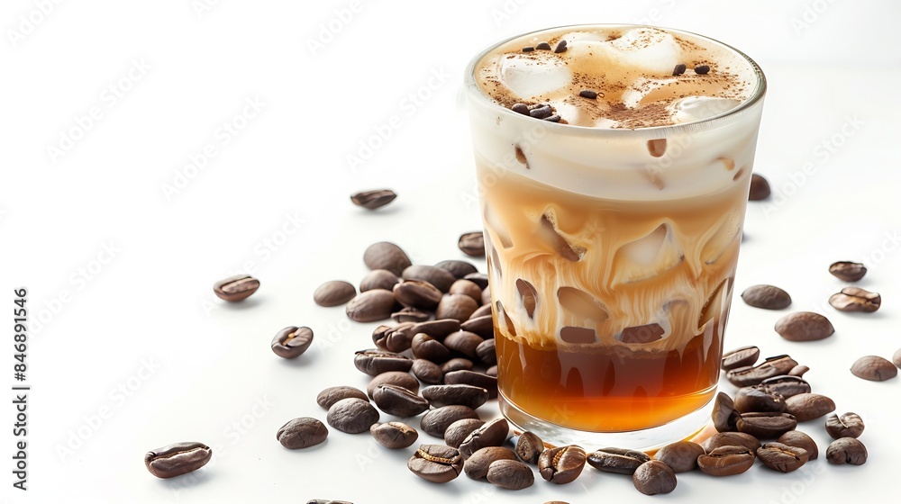 Cappuccino ice coffee and coffee bean put on white background concept isolate picture style : Generative AI Cappuccino ice coffee and coffee bean put on white background concept isolate picture style : Generative AI
