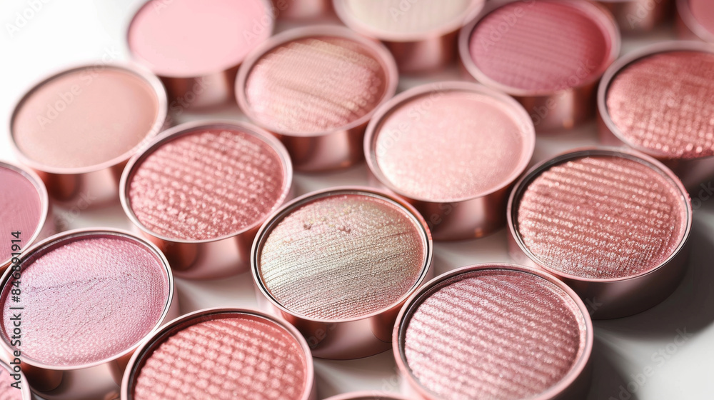 A row of small pink eyeshadow palettes with glittery eyeshadow. The palettes are arranged in a grid pattern A row of small pink eyeshadow palettes with glittery eyeshadow. The palettes are arranged in a grid pattern