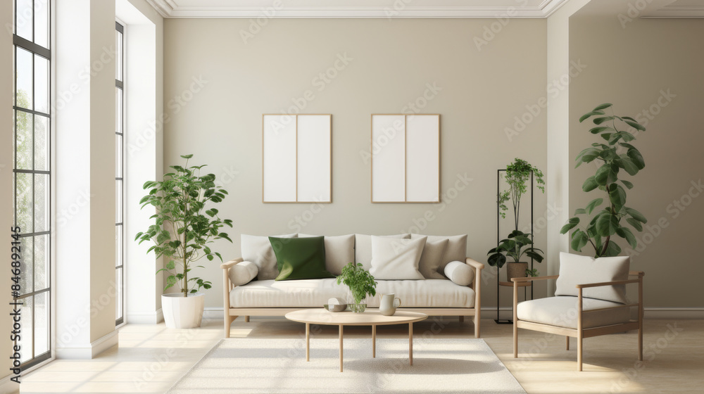 Naklejka premium Modern minimal style living room in white and green colors