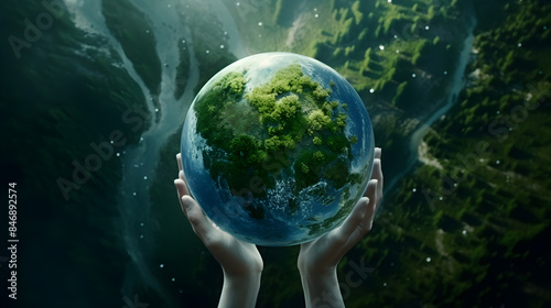 Top view of man's hand holding green globe with green forest