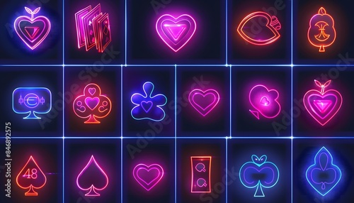 Set of slot game symbols, cards and hearts, in the style of neon, vector graphics, glowing outline