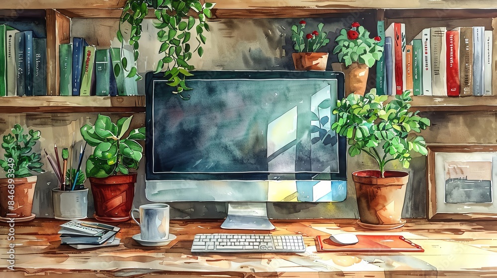 Cozy home office setup featuring computer, bookshelves, and potted plants, with a warm and inviting atmosphere for productivity. Cozy home office setup featuring computer, bookshelves, and potted plants, with a warm and inviting atmosphere for productivity.