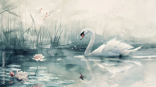 A white swan is swimming in a pond with a few lilies