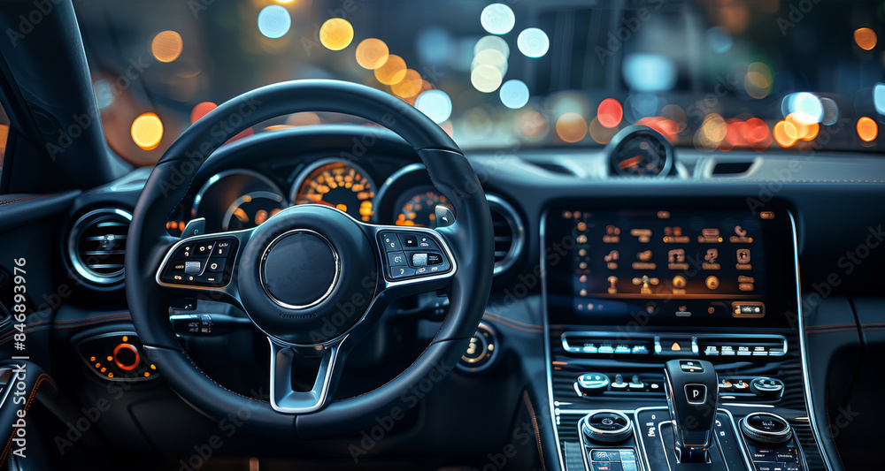 A front-facing view of a luxury car interior, focusing on the air vent and dashboard, sleek black finish, smooth leather textures, background slightly blurred with a digital display. Generative AI. A front-facing view of a luxury car interior, focusing on the air vent and dashboard, sleek black finish, smooth leather textures, background slightly blurred with a digital display. Generative AI.