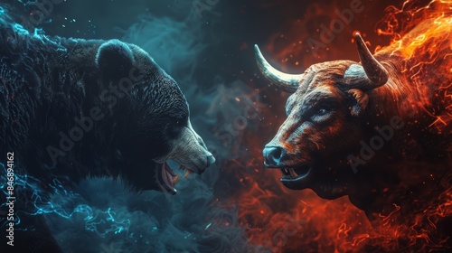 Bear and Bull Market Concept Illustration. A symbolic representation of the financial market trends with a bear and a bull depicted in a dramatic confrontation surrounded by elemental effects.