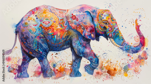 A colorful elephant walking through a field of paint splatters © jr-art