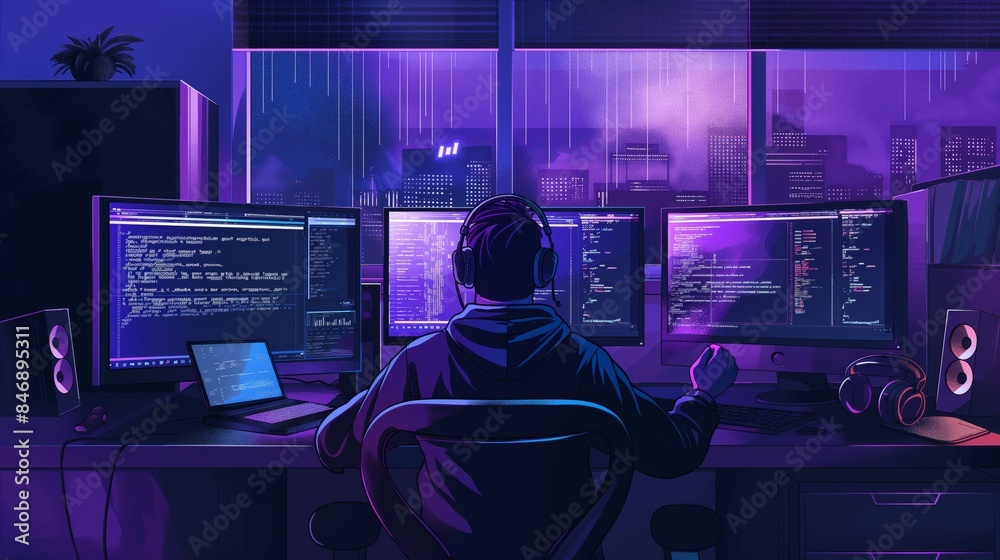 A programmer working late at night in a dark room with multiple monitors, illuminated by blue and purple light reflecting on windows. A programmer working late at night in a dark room with multiple monitors, illuminated by blue and purple light reflecting on windows.