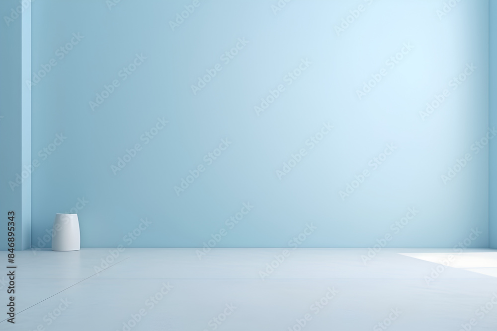 Minimalistic simple abstract light blue background for product presentation. Shadow and light from windows on wall.