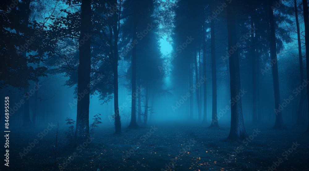 A forest at night with trees whose trunks can be seen and fog, all in a dark blue. Generative AI. A forest at night with trees whose trunks can be seen and fog, all in a dark blue. Generative AI.