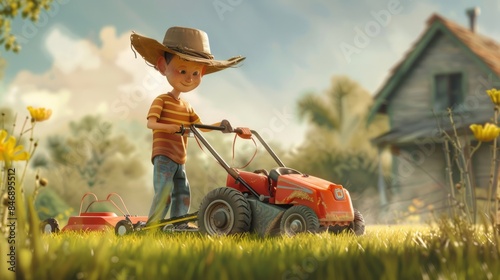 A boy in a cowboy hat is mowing the lawn with a toy lawnmower