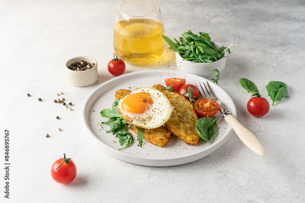 Egg, hashbrown and salad in plate on white background with copy space Egg, hashbrown and salad in plate on white background with copy space