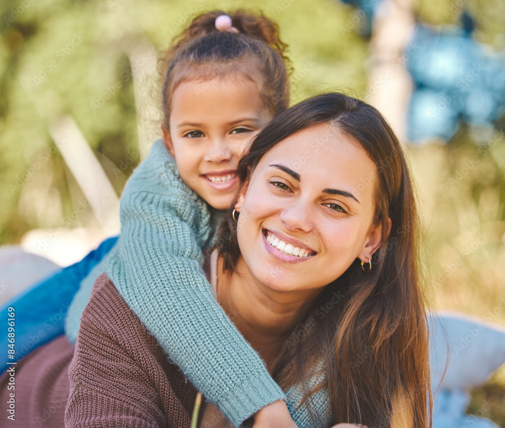 Mother, girl and piggyback portrait in park, happiness and relax in outdoor nature for love or hug. Mommy, daughter and embrace for affection in garden, support and family on vacation or holiday Mother, girl and piggyback portrait in park, happiness and relax in outdoor nature for love or hug. Mommy, daughter and embrace for affection in garden, support and family on vacation or holiday