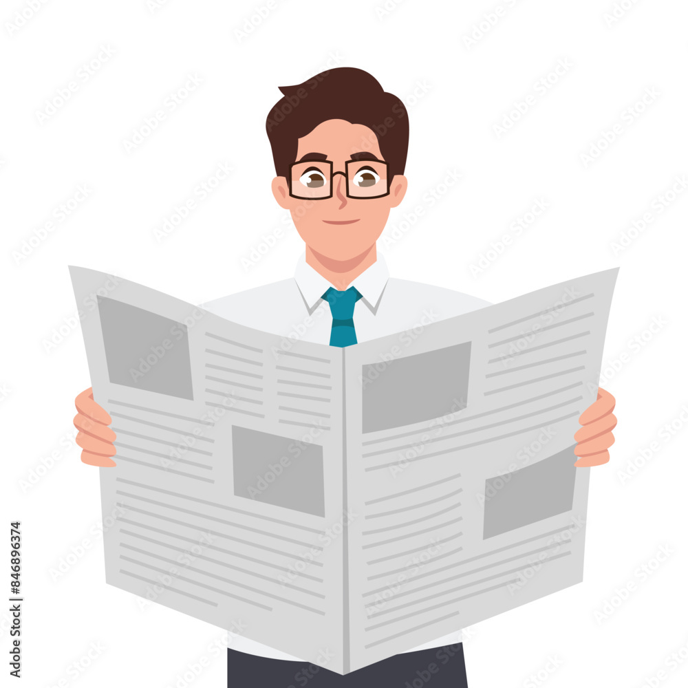 Young man reading newspaper. Flat vector illustration isolated on white background Young man reading newspaper. Flat vector illustration isolated on white background