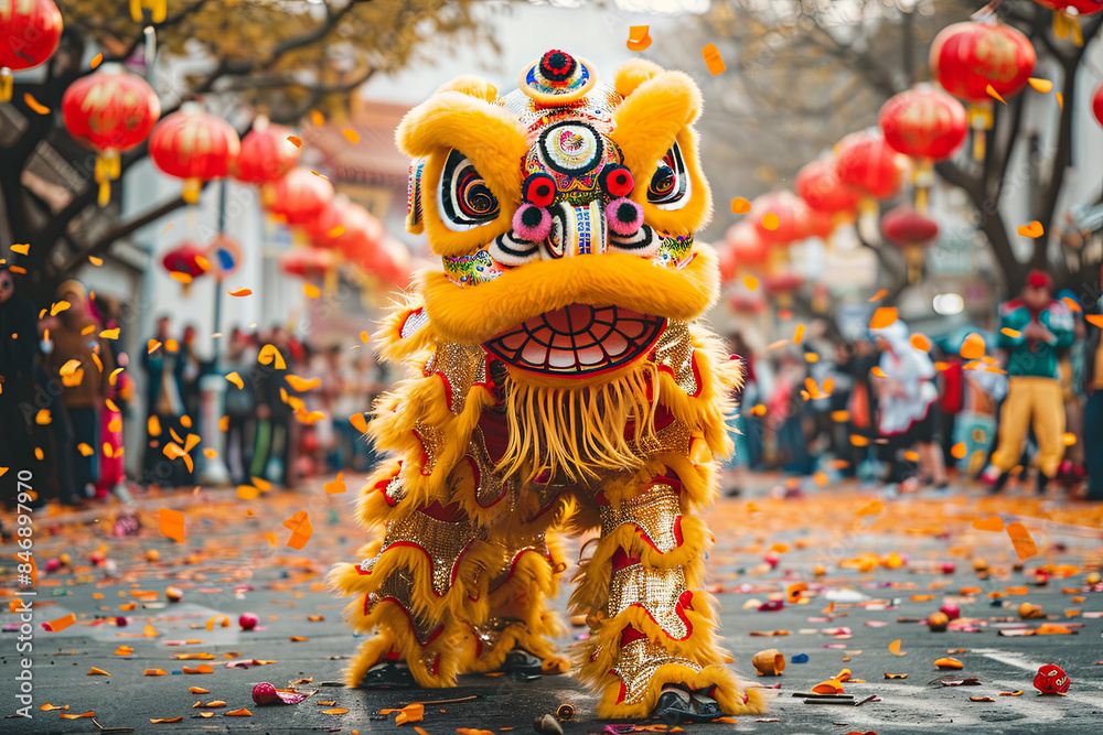 Traditonal Chinese lion dance performance on a street during the Chinese New Year festival, featuring the iconic lion costume and capturing the vibrant energy and cultural significance of the celebrat