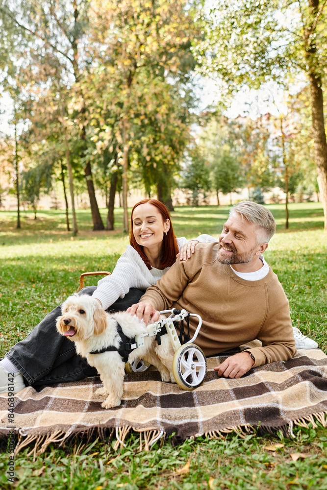 A man and woman in casual attire sit on a blanket with their dog in a peaceful park setting. A man and woman in casual attire sit on a blanket with their dog in a peaceful park setting.