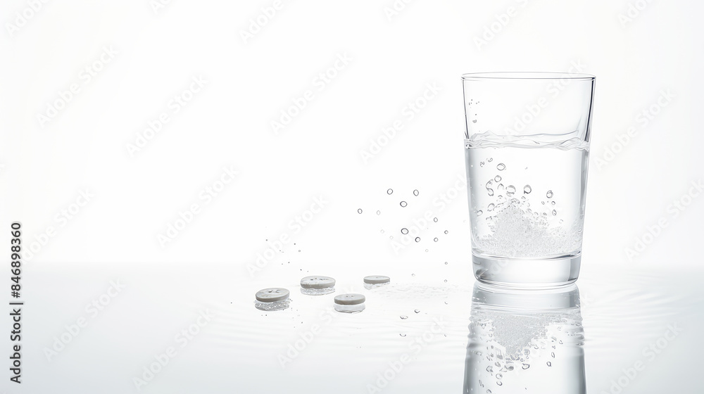 Glass with clear water and pills during illness on a white background. Glass with clear water and pills during illness on a white background.
