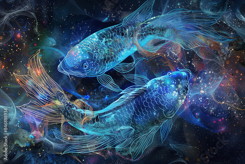 Artistic representation of the Pisces zodiac sign, incorporating astrological symbols, celestial elements, and creative imagery associated with the water sign