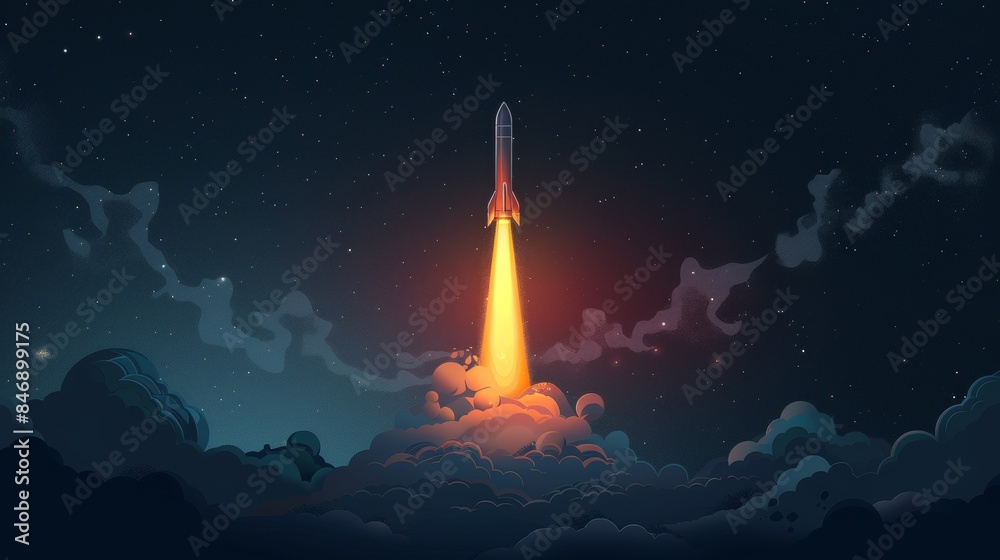 Rocket Launch Illuminated by Night Sky. A spectacular view of a rocket launch illuminated by a starry night sky, showcasing the power and beauty of space exploration.