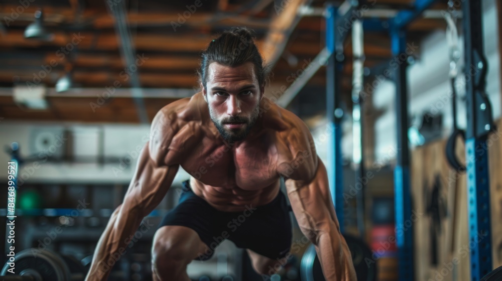 A muscular man with a beard and a bun prepares to lift weights in a gym. He is wearing black shorts and has a focused expression on his face. A muscular man with a beard and a bun prepares to lift weights in a gym. He is wearing black shorts and has a focused expression on his face.