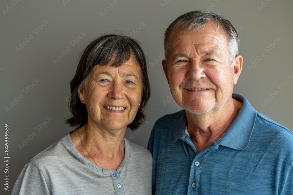 Portrait of a content couple in their 50s wearing a sporty polo shirt isolated in solid color backdrop Portrait of a content couple in their 50s wearing a sporty polo shirt isolated in solid color backdrop