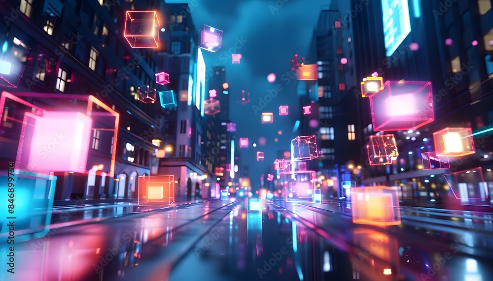 3d rendering of neon glowing cubes floating in the air over futuristic city street at night 3d rendering of neon glowing cubes floating in the air over futuristic city street at night