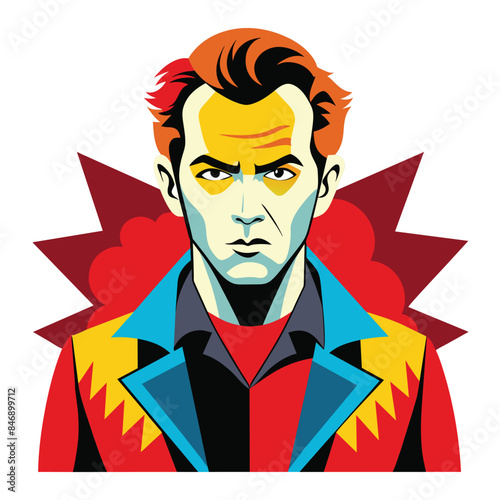 A pop art style illustration of a man with a serious expression, wearing a red, blue, and yellow jacket. The image is isolated on a white background. Generative AI