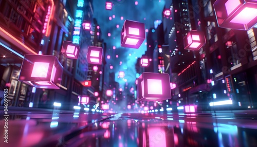 3d rendering of neon glowing cubes floating in the air over futuristic city street at night © TigerDude