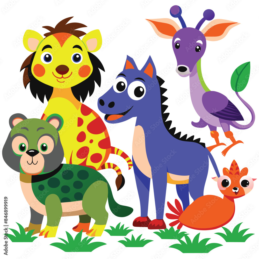 An illustration featuring five cartoon animals, including a lion, a bear, a donkey, a bird, and a fox. They are standing on a white background with green grass. Generative AI An illustration featuring five cartoon animals, including a lion, a bear, a donkey, a bird, and a fox. They are standing on a white background with green grass. Generative AI