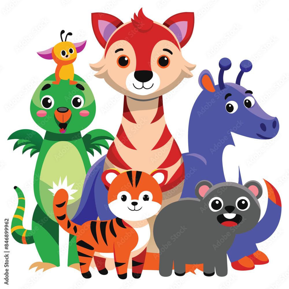 A group of five cartoon animals, including a bird, a dragon, a cat, a tiger, and a bear, are standing together on a white background. They are all smiling and looking happy. Generative AI A group of five cartoon animals, including a bird, a dragon, a cat, a tiger, and a bear, are standing together on a white background. They are all smiling and looking happy. Generative AI