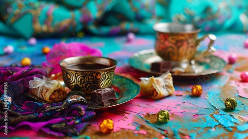 Turkish Coffee in the Colorful Eid Candy and Chocolate Traditional Ottoman Desserts Turkish Delight and Baklava Photo skdar Istanbul Turkiye Turkey : Generative AI photo