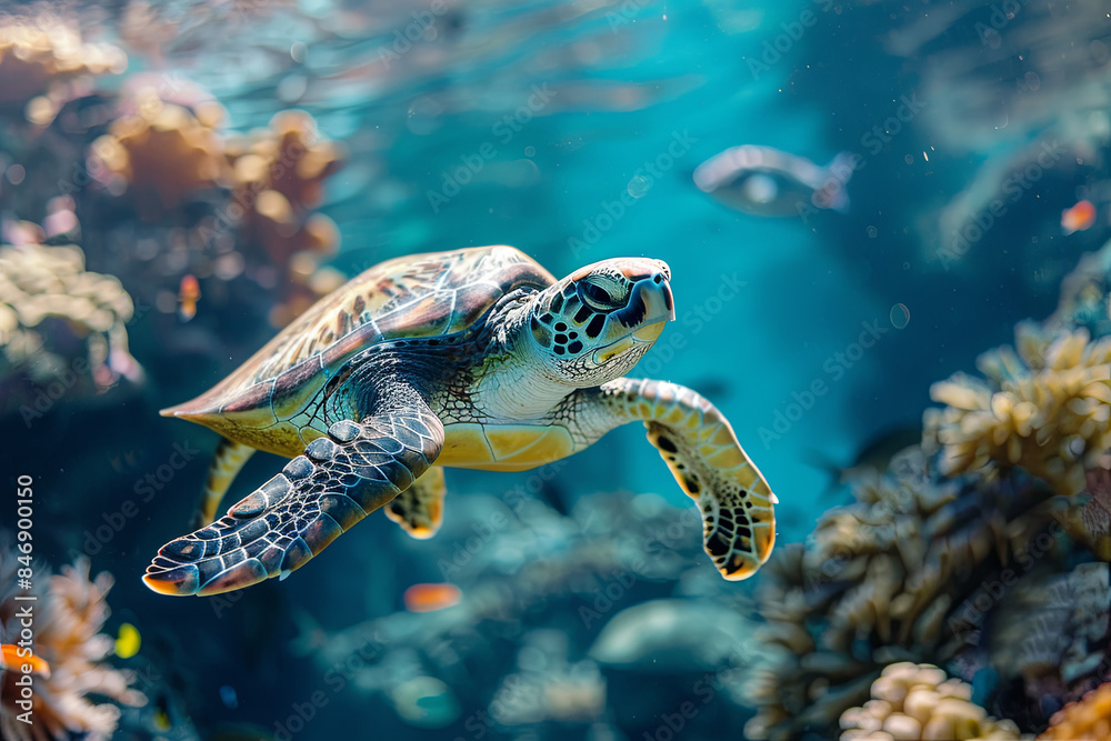 Obraz premium Underwater shot of a turtle gracefully swimming in the blue ocean, surrounded by vibrant tropical corals and fish, showcasing the beauty and diversity of marine life