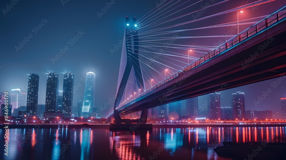 Obraz premium Nighttime View of a Modern Bridge in a Vibrant City