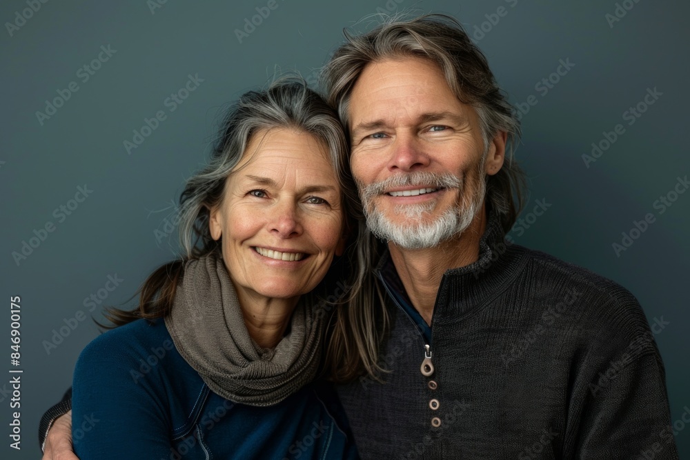 Portrait of a grinning caucasian couple in their 50s showing off a thermal merino wool top in solid color backdrop Portrait of a grinning caucasian couple in their 50s showing off a thermal merino wool top in solid color backdrop