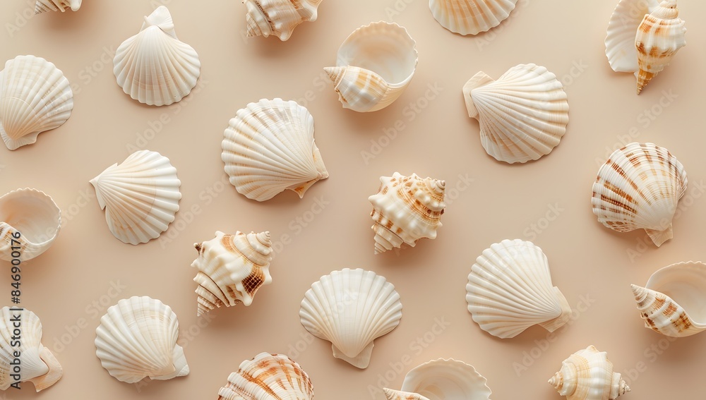 Seashell patterns on a beige background, top view. A summer concept Seashell patterns on a beige background, top view. A summer concept