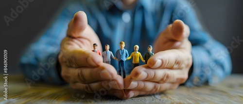 Businessman protecting miniature people with his hands, Concept of health and life