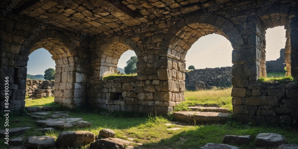 Centuries-old stone arches surrounded by green grass in a heritage archaeological site Centuries-old stone arches surrounded by green grass in a heritage archaeological site