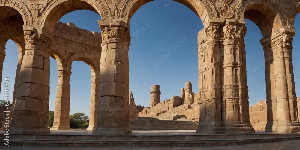 Obraz premium The striking ruins of an ancient structure with ornamental arches under a clear blue sky