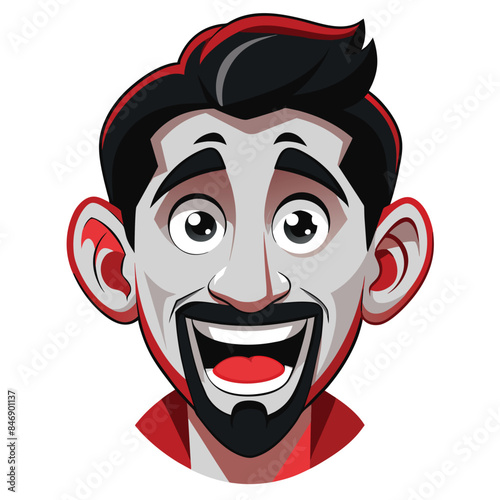 A cartoon illustration of a man with black hair and a goatee, smiling widely with his mouth open. Generative AI