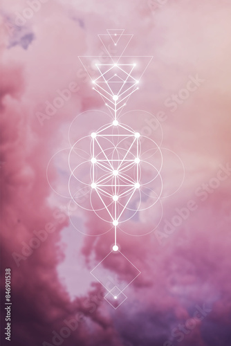 Flower of life. Tree of life. Sacred geometry spiritual new age futuristic illustration with interlocking circles, triangles and particles
