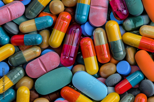 Assortment of colorful capsules, pills, or medical tablets, representing pharmaceutical treatments, prescription medications, and the concept of healthcare insurance coverage