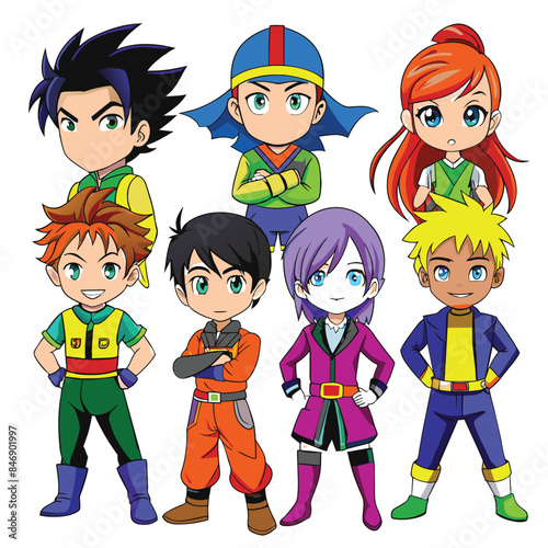 An illustration of seven manga characters, standing full body in a variety of colorful outfits against a white background. Generative AI