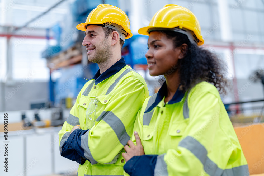 Male and female engineers in neat work clothes prepare and control the production system of large modern machines in a factory producing industrial technology products. Male and female engineers in neat work clothes prepare and control the production system of large modern machines in a factory producing industrial technology products.