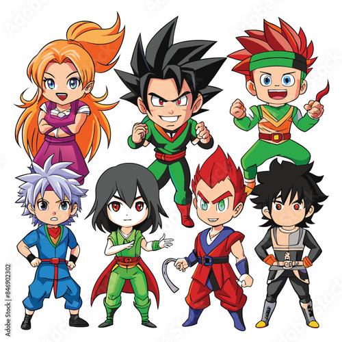 This image features seven manga characters in casual poses. They are drawn in a colorful, cartoonish style with unique outfits and exaggerated features. Generative AI