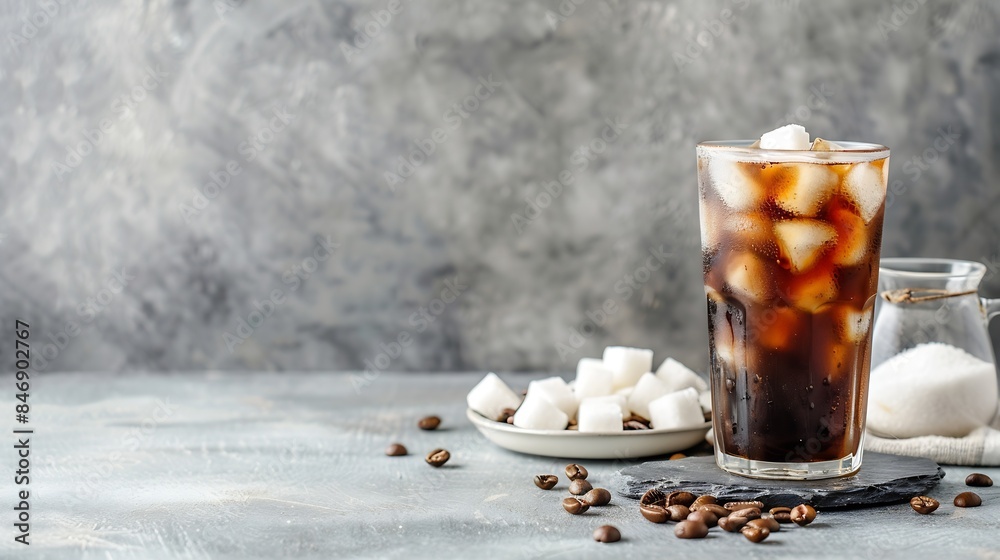 Glass with iced coffee drink coffee maker coffee bean and sugar on gray background : Generative AI Glass with iced coffee drink coffee maker coffee bean and sugar on gray background : Generative AI