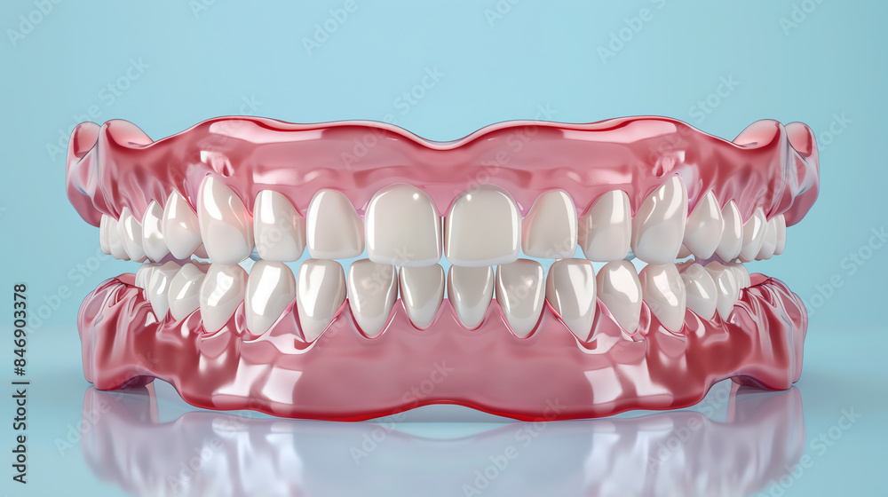 Obraz premium A set of dentures on a blue background. Dental care concept. Generative ai.