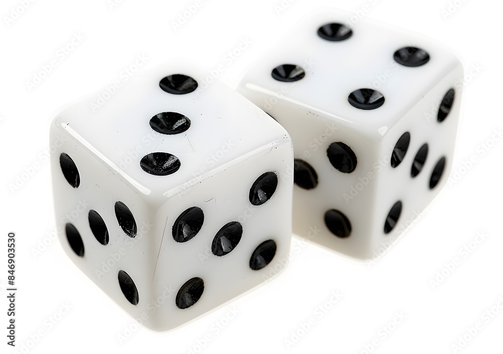 Two white dice with black dots isolated on white background cutout Two white dice with black dots isolated on white background cutout