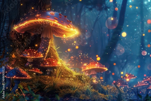 enchanting group of mushrooms in a forest illuminated by magical lights fantasy digital art